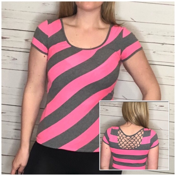 Maurices Tops - Maurice’s Pink and Grey Diagonal Stripe T